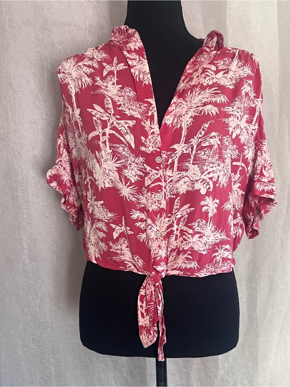 American Eagle Outfitters Pink Tropical Tie-Front Button Shirt - cropped